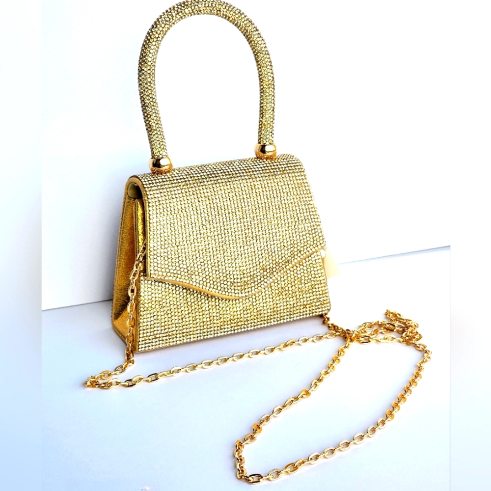 Stylish Top Handle Gold Rhinestone Mini Satchel Purse